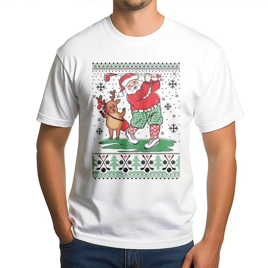 Santa Golfing Ugly Christmas T-Shirt | Reindeer Caddy Graphic Design | Premium Soft Cotton Tee | Funny Holiday Gift for Golfers Men Women