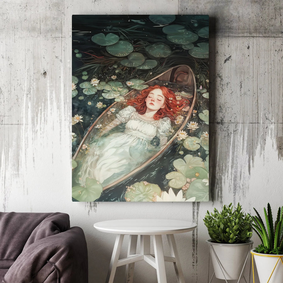 Ophelia Inspired Canvas Wall Art | Red Haired Woman in Boat with Water Lilies | Premium 1.25" Gallery Wrap | Ethereal Botanical Home Decor Gift