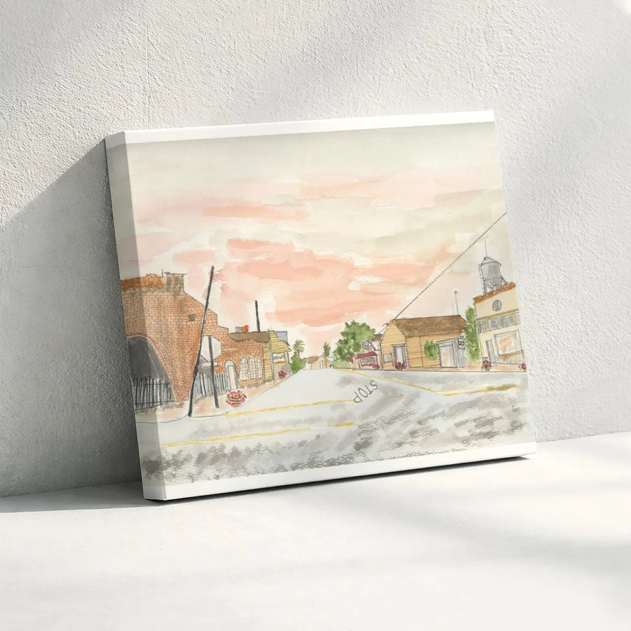 Small Town Street Scene Watercolor Canvas | Nostalgic Rural Townscape Art | Premium Gallery-Wrapped Print | Home Office Decor Gift