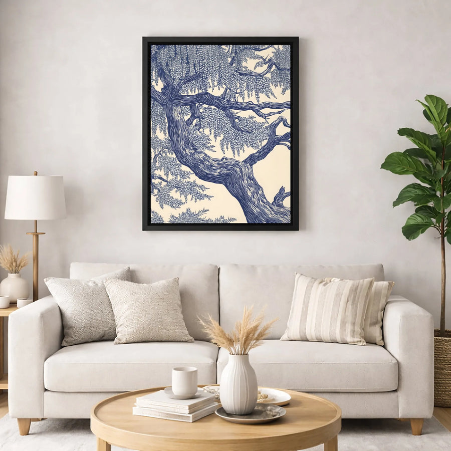 Blue Wisteria Tree Canvas Print | Botanical Linocut Illustration | Gallery Wrapped 1.25 Inch Profile | Elegant Home Office Decor Gift