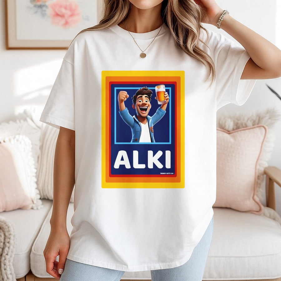 Alki Funny Graphic T-Shirt | Retro Beer Drinking Design | 100% Premium Cotton Crewneck | Humorous Alcohol Gift For Men And Women