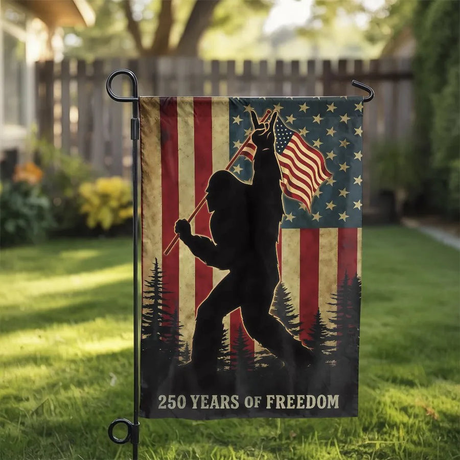 Patriotic Bigfoot Garden Flag | Sasquatch US Flag Silhouette | Double-Sided Weatherproof Banner | Funny Patriotic Yard Decor Gift for Believers