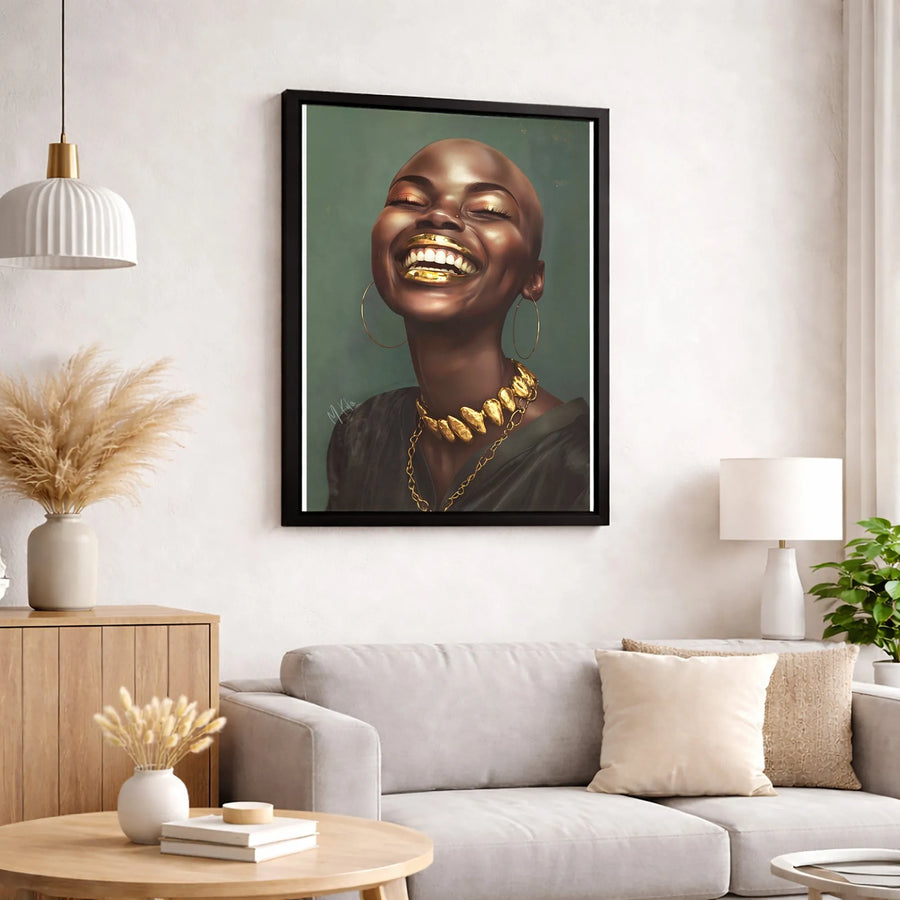 Black Woman Art Print | Joyful Bald Beauty with Gold Jewelry | 1.25" Gallery Wrapped Canvas | Inspiring Home Decor Wall Art