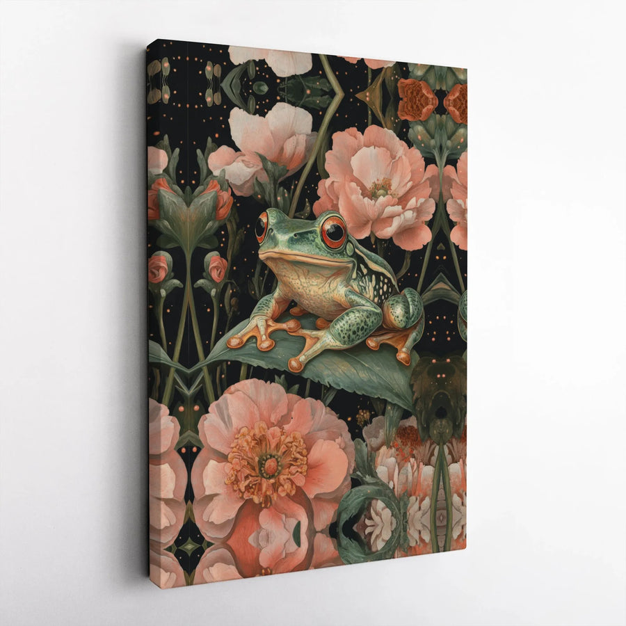 Red-Eyed Tree Frog Canvas Wall Art | Botanical Pink Peony Floral Print | Premium Gallery Wrapped 1.25" Decor | Nature Lover Living Room Gift