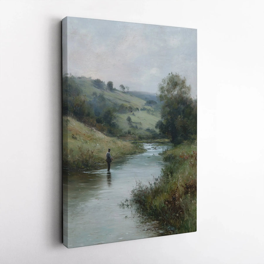 Fly Fishing Wall Art | Moody River Landscape Oil Painting Print | Gallery Wrapped 1.25" Canvas | Rustic Home Decor Gift for Angler