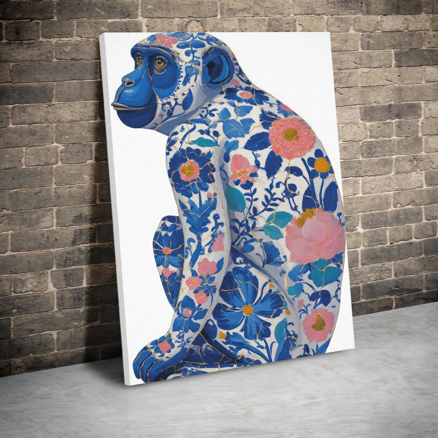 Chinoiserie Monkey Canvas Art | Floral Blue And Gold Kintsugi Print | Gallery Quality 1.25 Inch Wrap | Elegant Living Room Home Decor Wall Art