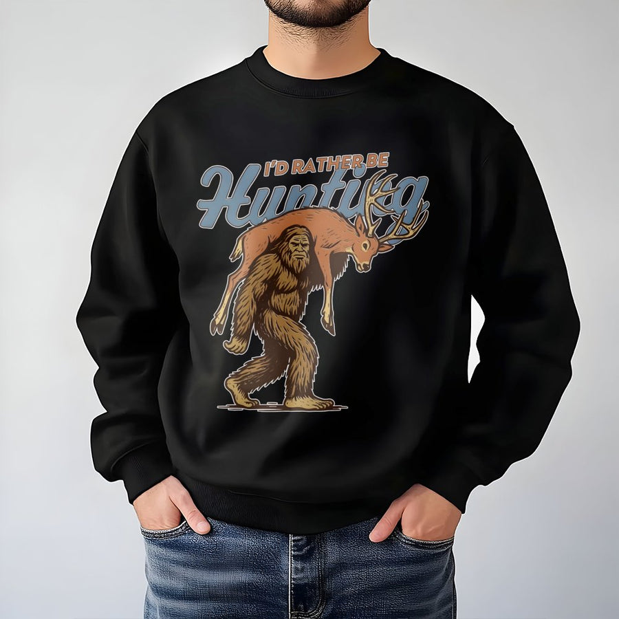 Bigfoot Hunting Sweatshirt | Funny Sasquatch Carrying Deer Graphic | Premium Cotton Blend Unisex Crewneck | Unique Hunter Gift for Outdoorsmen