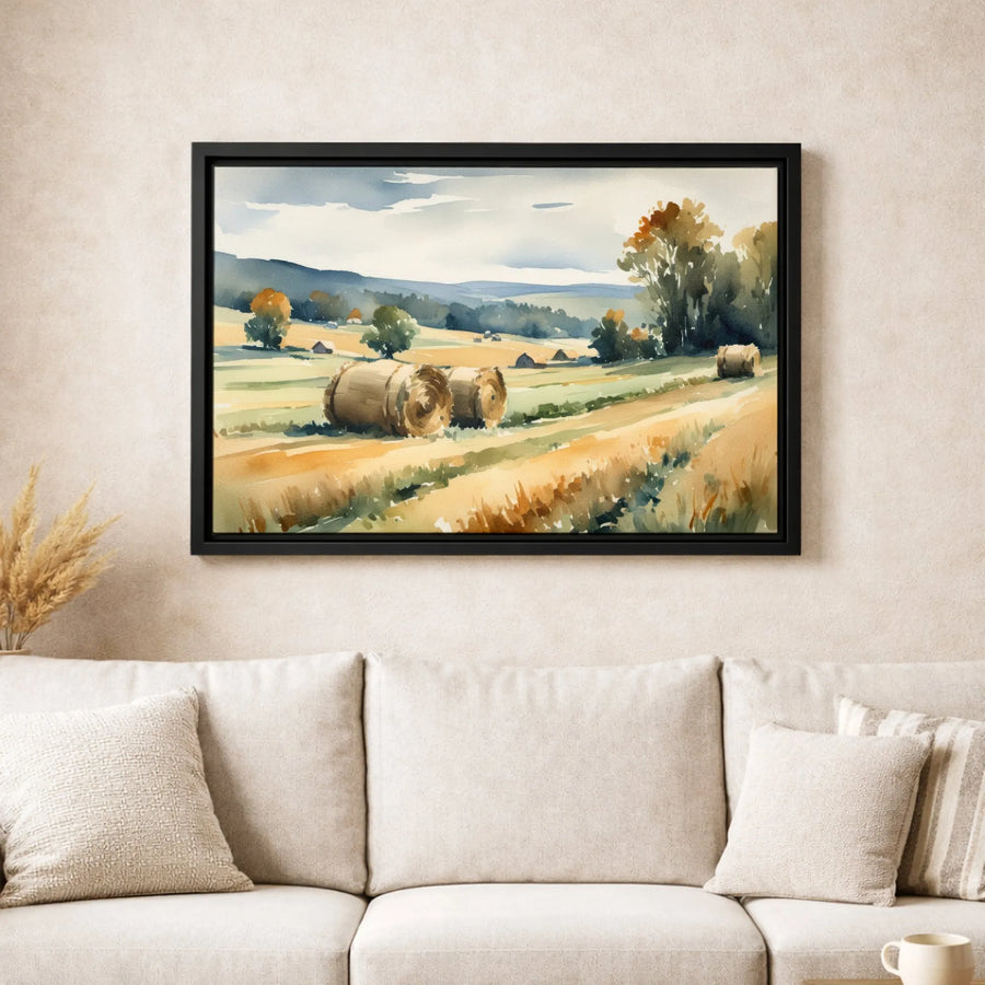 Farmhouse Landscape Canvas Print | Watercolor Hay Bales Art | Premium Gallery-Wrapped Wall Decor | Rustic Country Home Gift
