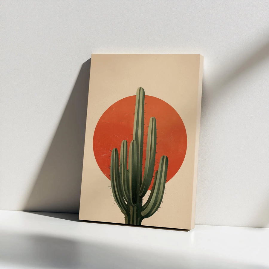 Southwestern Cactus Canvas Wall Art | Minimalist Retro Sun Design | Premium Gallery Wrapped Canvas | Modern Boho Home Decor Gift