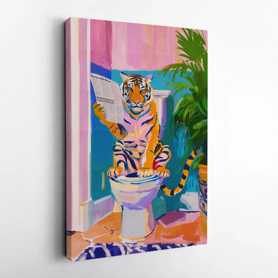Tiger on Toilet Canvas Print | Funny Animal Reading Newspaper Art | Premium Gallery Wrapped Canvas | Unique Housewarming Gift for Bathroom