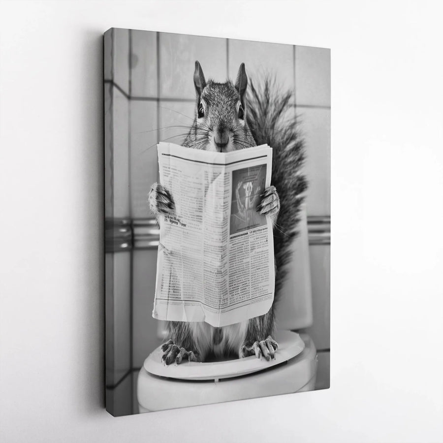Funny Squirrel Toilet Art | Bathroom Reading Newspaper Print | Premium 1.25-Inch Canvas Decor | Unique Gag Gift for Bathroom Wall