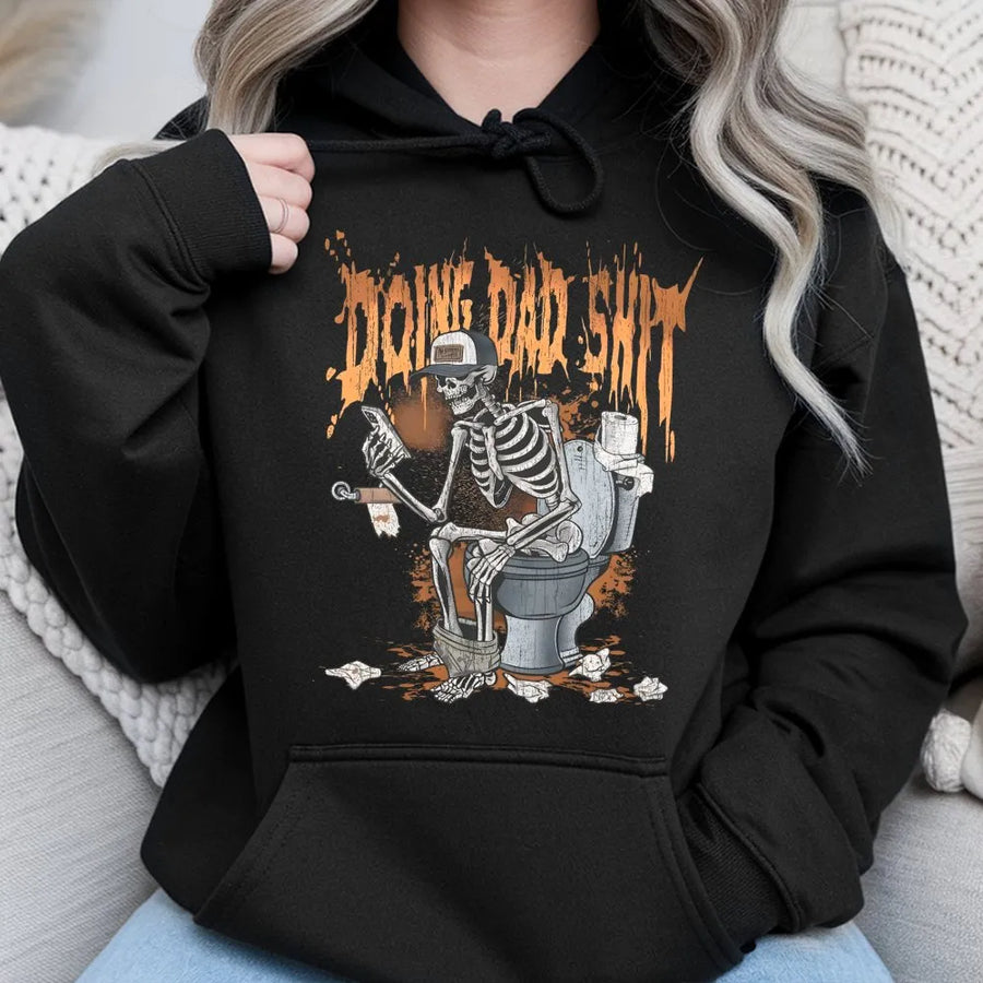 Doing Dad Shit Hoodie | Funny Skeleton Bathroom Graphic | Premium Cotton Blend | Humorous Father's Day 2026 Gift For Men