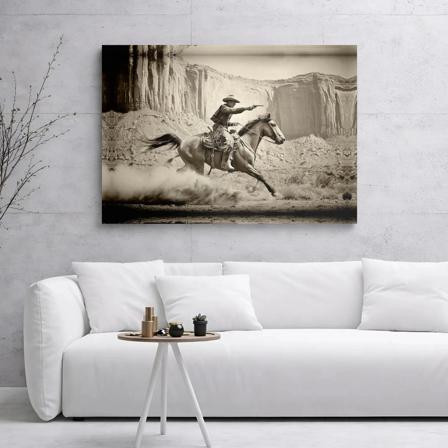 Western Cowboy Wall Art | Vintage Horseback Outlaw Canvas | Premium Gallery Wrapped Decor | Rugged Americana Office or Living Room Gift