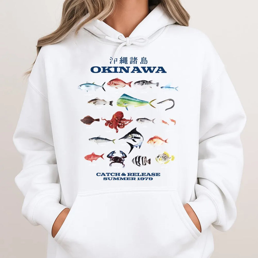 Okinawa Fish Hoodie | Retro 1979 Japanese Fish Identification Chart | Soft Cotton Blend Pullover | Premium Angler & Marine Biology Gift