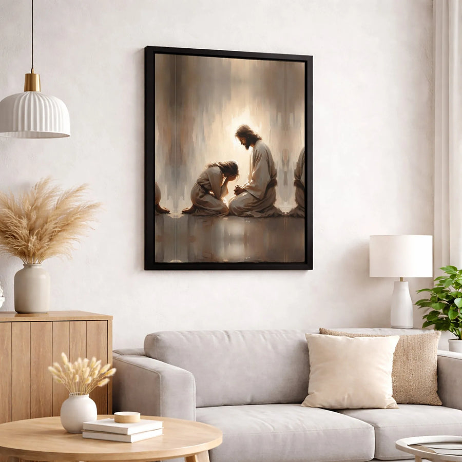 Jesus and Kneeling Woman Canvas Art | Religious Forgiveness Wall Decor | Gallery Quality Premium Print | Faithful Christian Home Gift