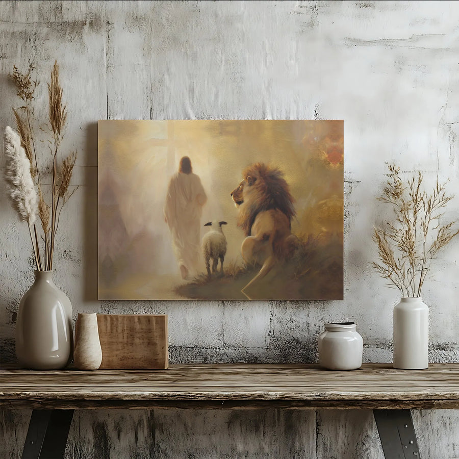 Jesus With Lion And Lamb Wall Art | Biblical Christian Canvas Print | Premium Gallery Wrap Decor | Inspiring Religious Gift for Home