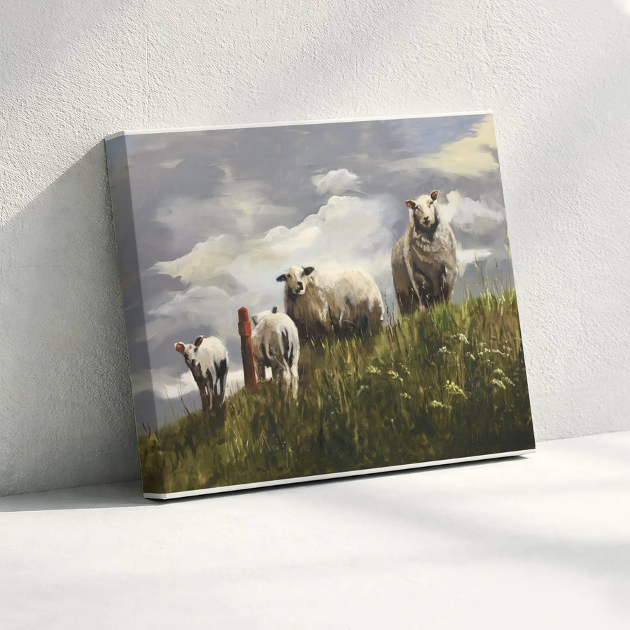 Rustic Sheep Canvas Wall Art | Pastoral Farmhouse Landscape Painting | Premium Gallery Quality Print | Country Home Decor Gift