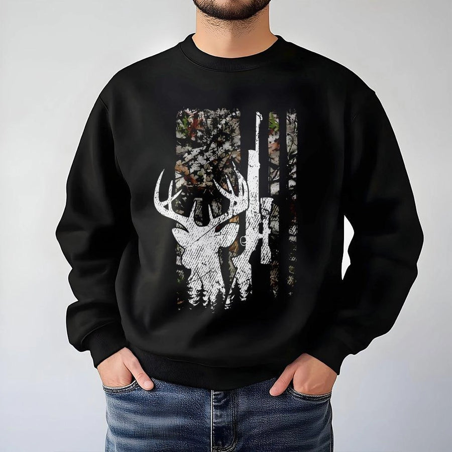 Deer Hunting American Flag Sweatshirt | Camo Buck Rifle Design | Premium Cotton Blend | Gift for Hunter and Outdoorsman