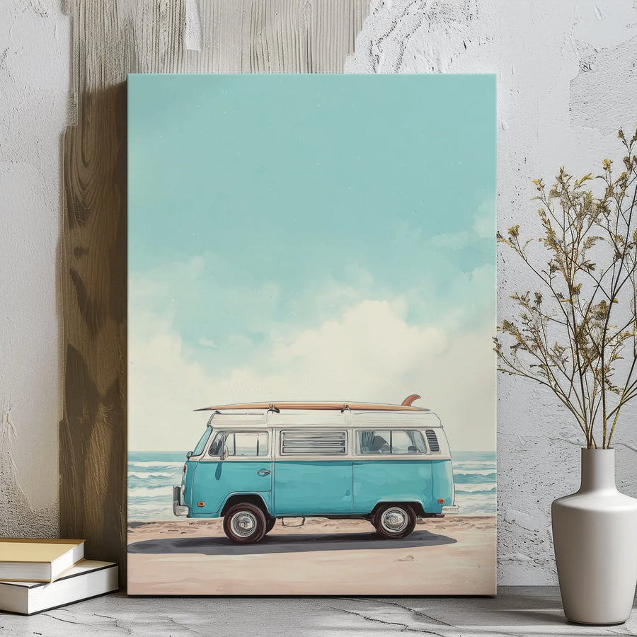 Coastal Surf Van Canvas Wall Art | Vintage Beach Bus Illustration | Premium Gallery Wrap Print | Aesthetic Summer Decor for Home Office