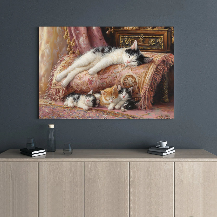 Sleeping Cats Canvas Wall Art | Vintage Mother Cat and Kittens Painting | Premium 1.25" Gallery Wrap | Cozy Home Decor for Cat Lovers