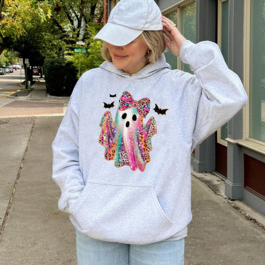 Colorful Leopard Bow Ghost Hoodie | Retro Rainbow Glitter Spooky Season Graphic | Premium Cotton Blend | Cute Halloween Sweatshirt Gift for Her