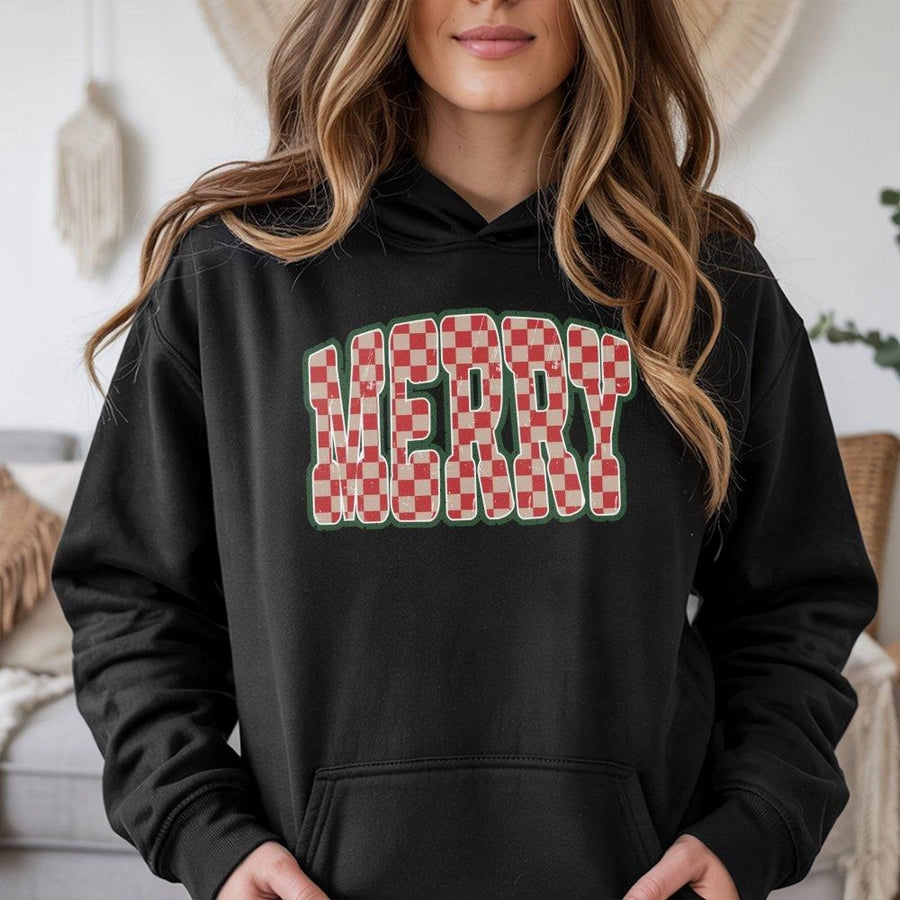 Merry Christmas Hoodie | Retro Checkered Red Text Design | Premium Cotton Blend | Cozy Holiday Gift for Women and Men