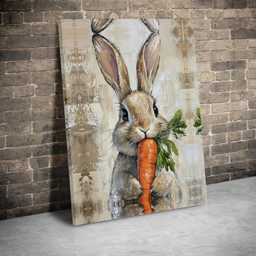 Rabbit with Carrot Canvas Wall Art | Rustic Bunny Painting with Textured Detail | Premium Gallery Wrap | Nursery & Kitchen Decor Gift