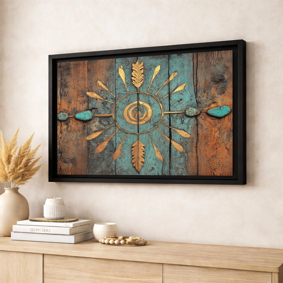 Western Sun Mandala Wall Art | Rustic Teal and Gold Feather Canvas | Premium Fade-Resistant Print | Southwestern Home Decor Gift