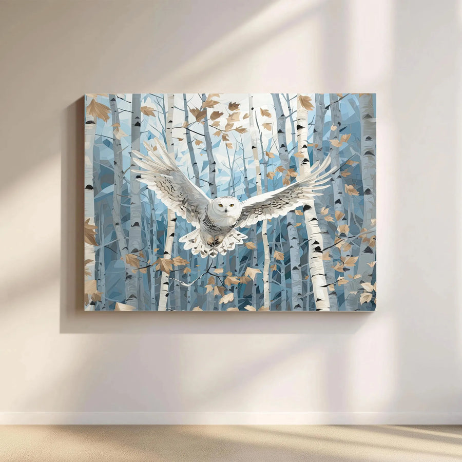 Snowy Owl Canvas Wall Art | Geometric Birch Forest Print | Gallery Quality 1.25 Inch Wrap | Nature Lover Home Decor Gift