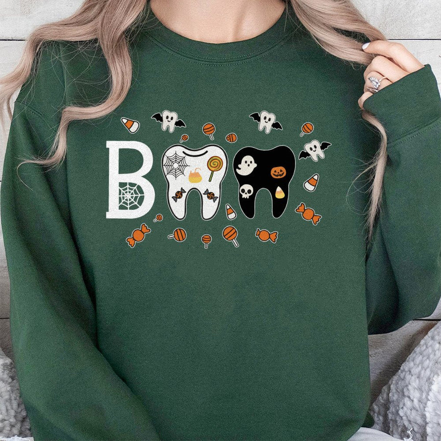 Halloween Boo Tooth Sweatshirt | Cute Dental Ghost Candy Graphic | Soft Cotton Blend Crewneck | Spooky Dentist Gift for Dental Hygienist