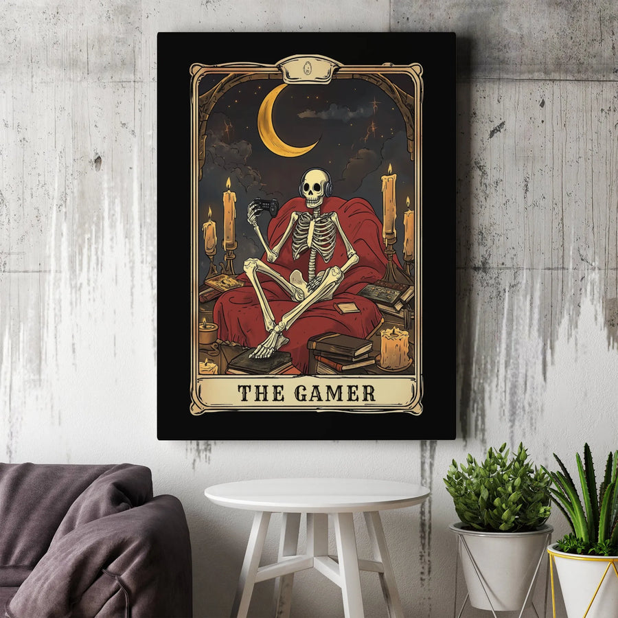 The Gamer Tarot Card Wall Art | Skeleton Gaming Aesthetic Canvas | Premium Gallery Wrap Decor | Unique Gift for Gamers and Occult Lovers