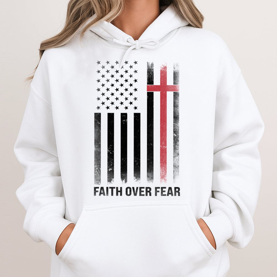 Faith Over Fear Hoodie | American Flag Cross Graphic | Premium Cotton Blend | Christian Patriotic Gift for Men and Women