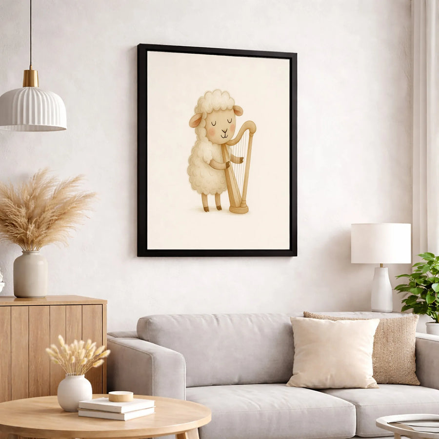 Cute Sheep Playing Harp Canvas | Whimsical Farm Animal Nursery Wall Art | 1.25-Inch Thick Premium Gallery Print | Charming Gift for Kids Room Decor