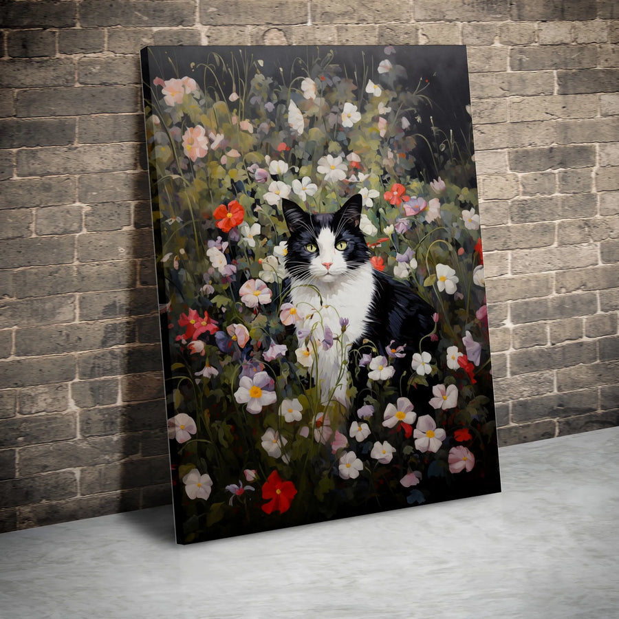 Tuxedo Cat Wall Art | Floral Garden Oil Painting Style | Premium 1.25-Inch Canvas Print | Artistic Home Decor Gift for Cat Lovers