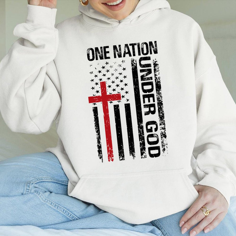 One Nation Under God Hoodie | Distressed USA Cross Flag Graphic | Premium Cotton Blend | Christian Patriotic Gift for Men and Women