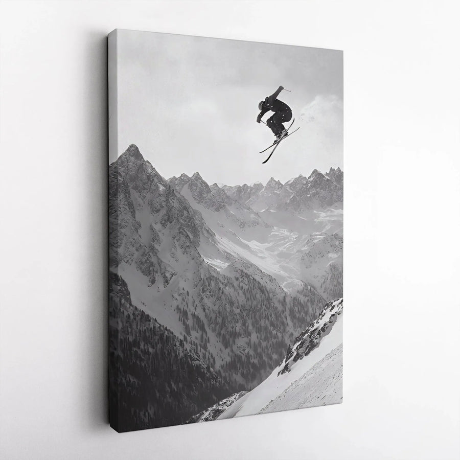 Skiing Wall Art Canvas | Black and White Extreme Sports Action | Gallery Wrapped Premium Decor | Gift for Skier and Mountain Lover