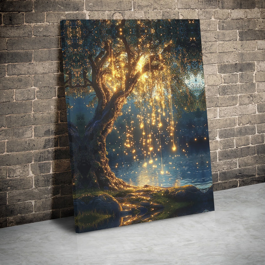 Enchanted Forest Canvas Wall Art | Glowing Fairy Lights Tree Over Lake | Premium Gallery Wrap Print | Whimsical Home Decor Gift