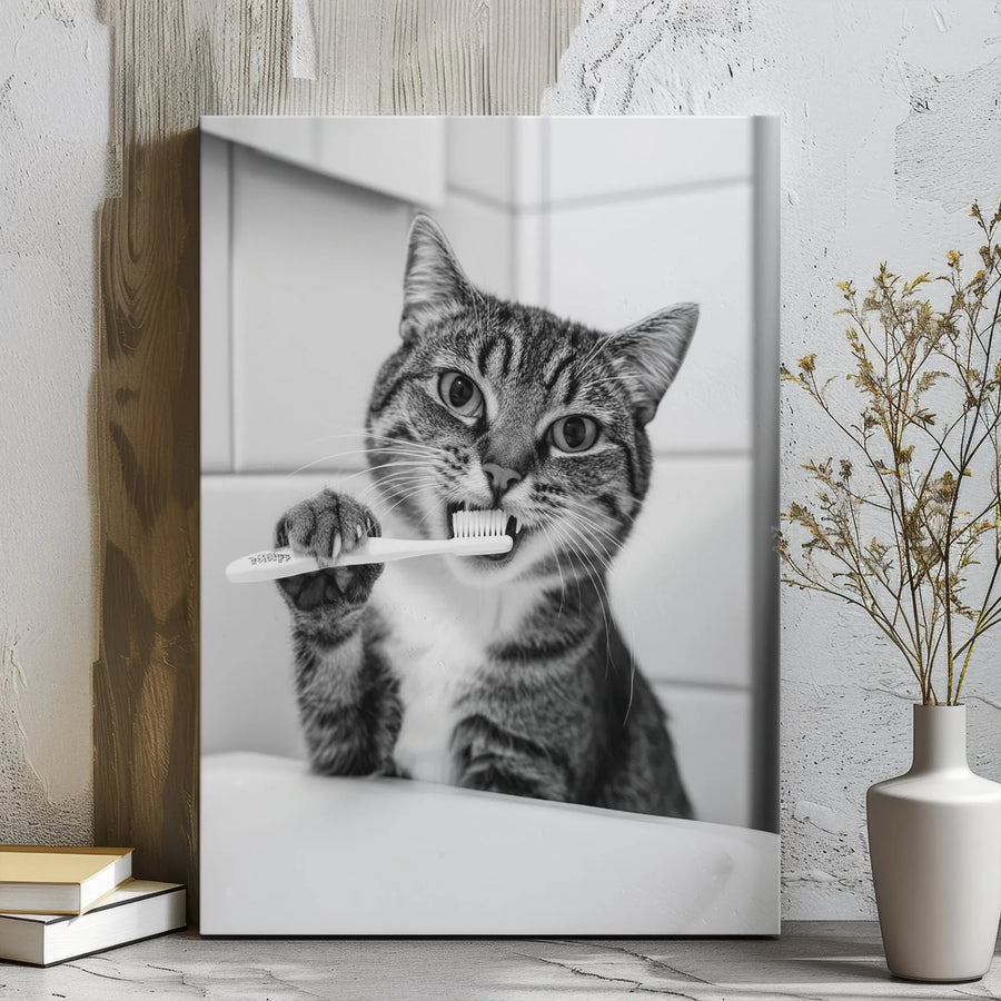 Funny Cat Brushing Teeth Canvas Print | Black and White Bathroom Wall Art | Premium Gallery Wrap Decor | Quirky Animal Gift for Pet Lovers