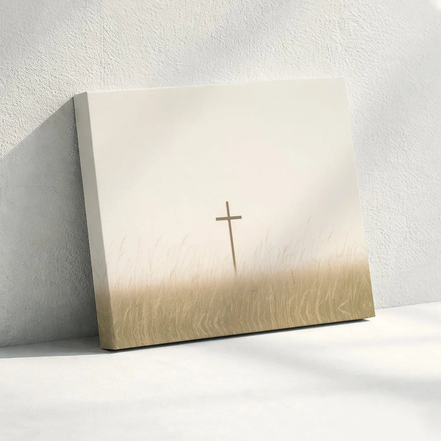 Christian Cross Canvas Wall Art | Minimalist Rustic Field Landscape | Premium High-Resolution Print | Inspirational Religious Home Decor Gift