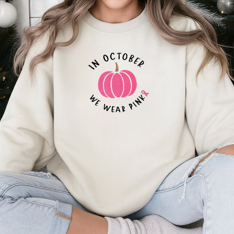 In October We Wear Pink Sweatshirt | Breast Cancer Awareness Pumpkin Design | Premium Cotton Blend Fleece | Supportive Gift For Survivors And Supporters
