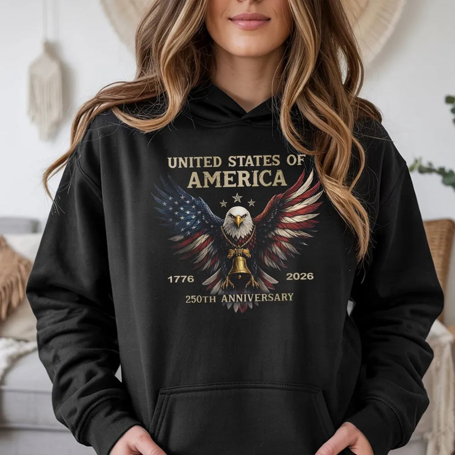 USA 250th Anniversary Hoodie | Patriotic Eagle 1776-2026 Graphic | Cotton-Poly Blend Sweatshirt | Semiquincentennial Gift for American Patriots