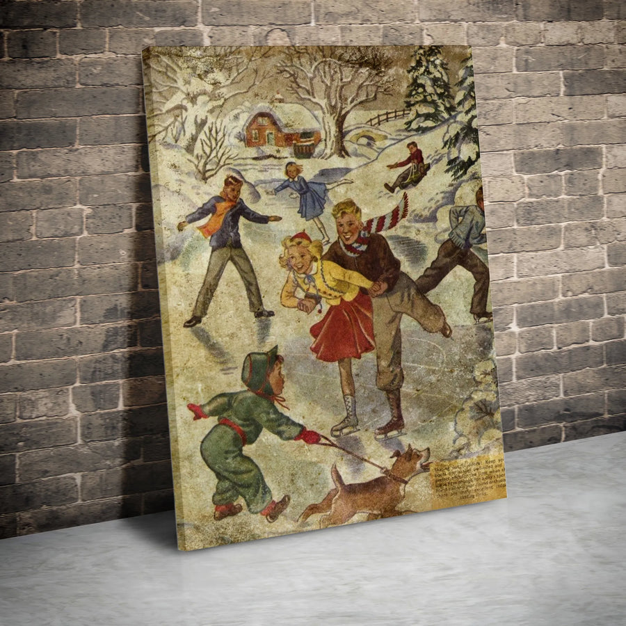 Vintage Ice Skating Canvas Wall Art | Nostalgic Winter Snow Scene Print | 1.25 Inch Gallery Wrap | Seasonal Holiday Home Decor Gift