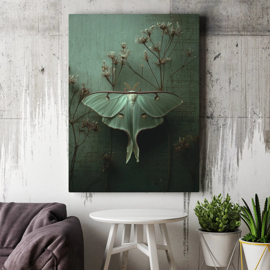 Luna Moth Wall Art | Sage Green Botanical Canvas Print | Premium Gallery Wrap Decor | Nature Inspired Gift for Home Office