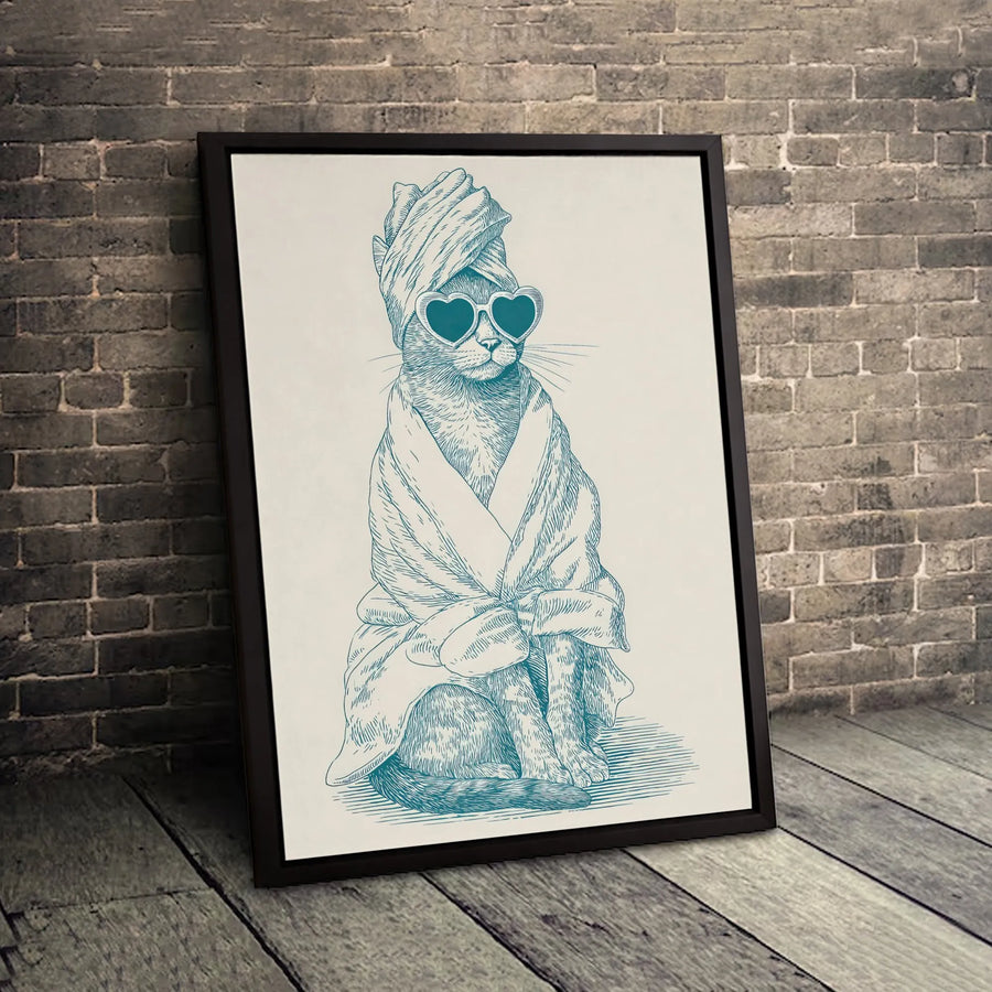 Spa Day Cat Wall Art | Funny Bathrobe and Heart Sunglasses Sketch | Premium Gallery-Wrap Canvas | Cute Bathroom Decor for Cat Lovers