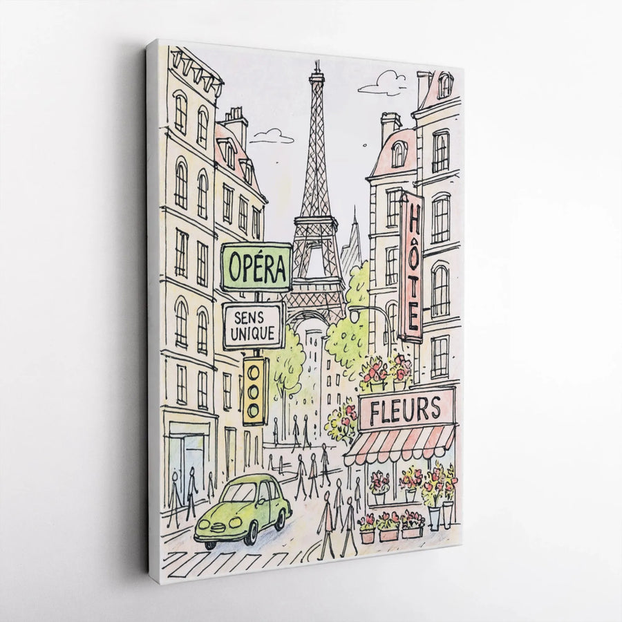 Paris Eiffel Tower Canvas Print | Parisian Street Art Sketch | Premium Gallery Wrapped Wall Decor | Romantic Travel Gift for Her