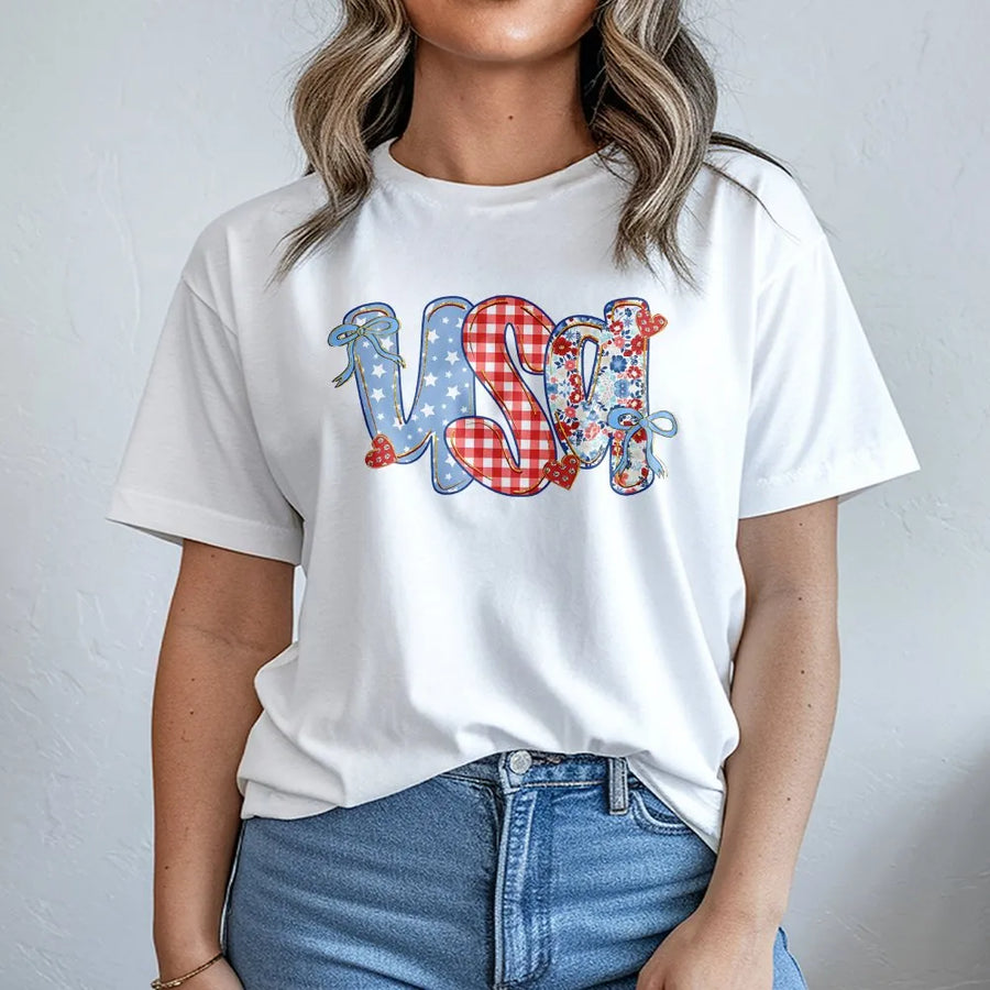 Coquette USA T-Shirt | Preppy Floral Stars and Stripes Design | Soft Cotton Blend | 4th of July Patriotic Gift for Women