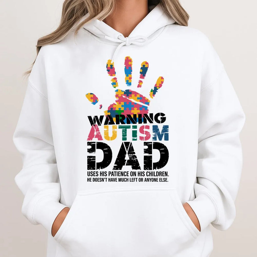 Autism Dad Hoodie | Warning Puzzle Handprint Graphic | Premium Cotton Tee | Special Needs Parent Awareness Gift