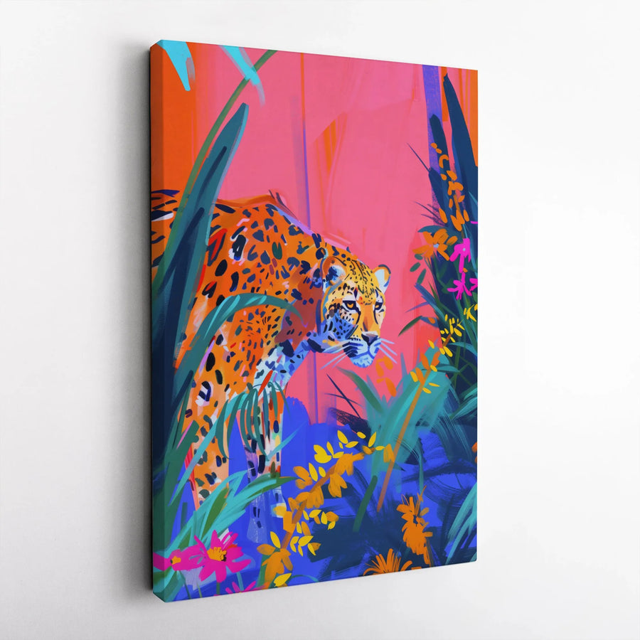 Vibrant Jungle Jaguar Canvas Art | Colorful Tropical Big Cat Wall Decor | Premium Fade-Resistant Gallery Wrap | Modern Wildlife Gift for Home