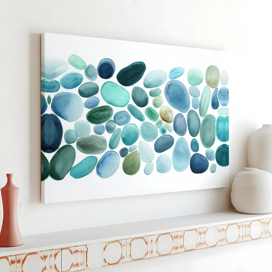 Coastal Pebbles Canvas Wall Art | Abstract Watercolor Sea Glass Painting | Premium Gallery Wrapped Canvas | Modern Minimalist Home Decor Gift