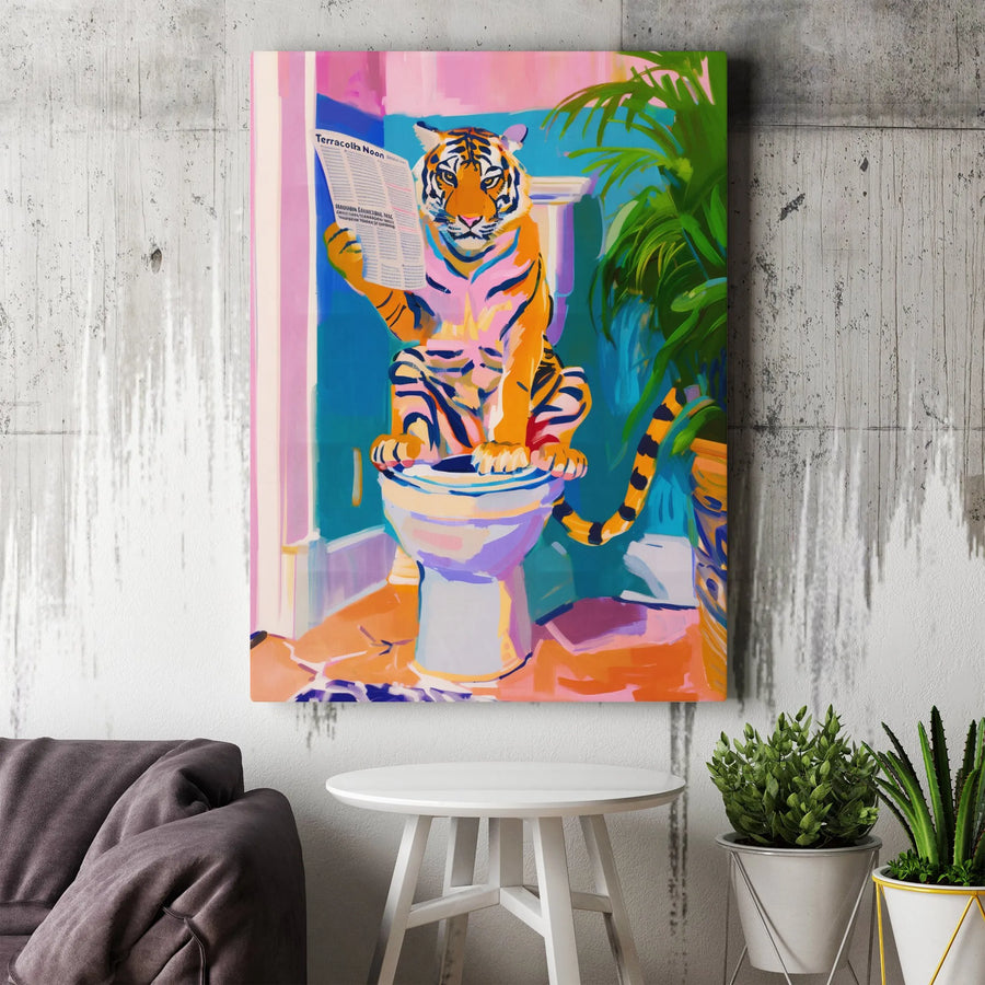 Tiger Reading Newspaper on Toilet Canvas | Quirky Bathroom Wall Art | Premium Fade-Resistant Gallery Print | Funny Animal Home Decor